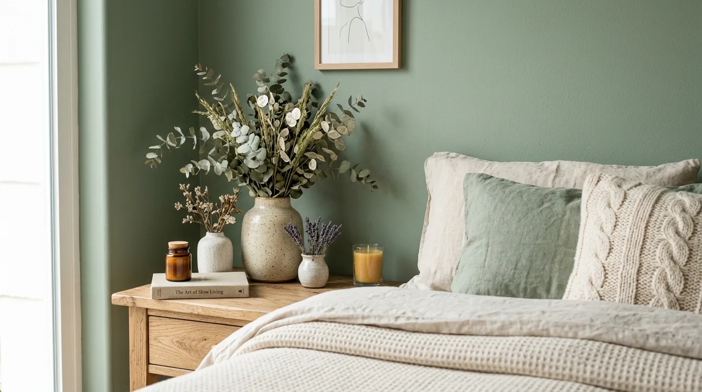 Pair sage green with warm wood for natural balance inspiration for a sage green bedroom.